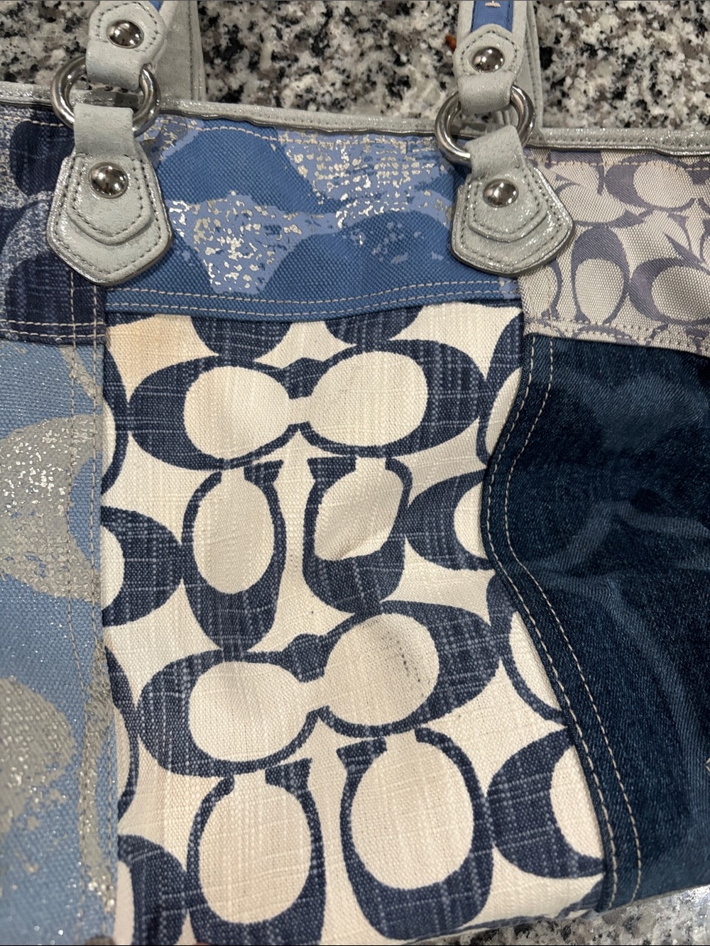 Coach Patchwork Signature Tote in Blue and Cream with Silver Trim - Picture 10 of 12
